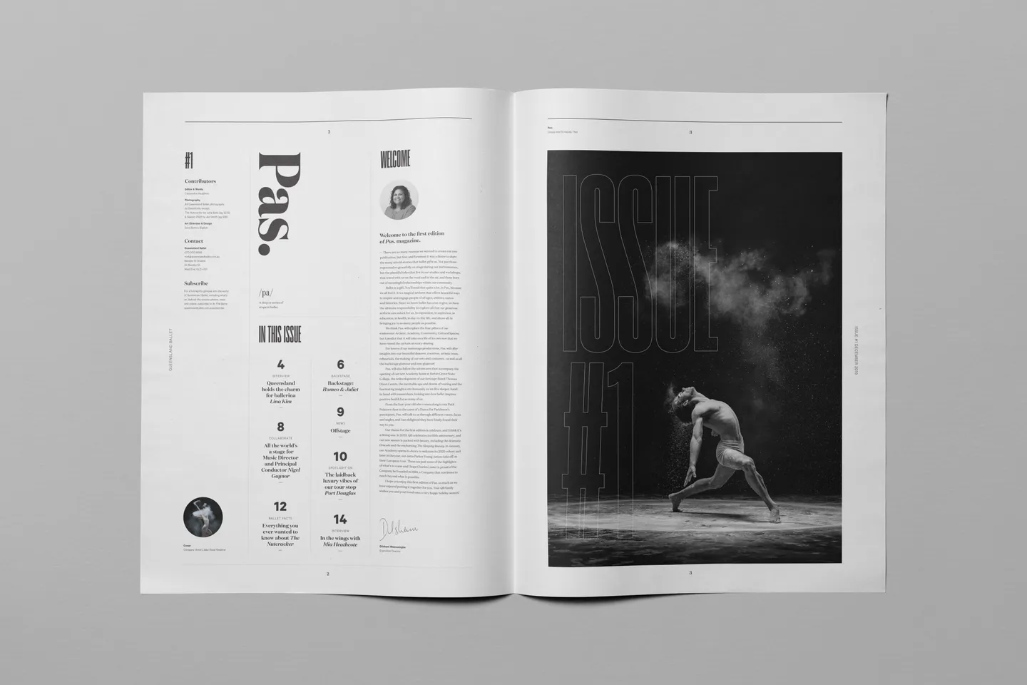 Spread from the Pas publication, showing interesting grid use and elegant white space