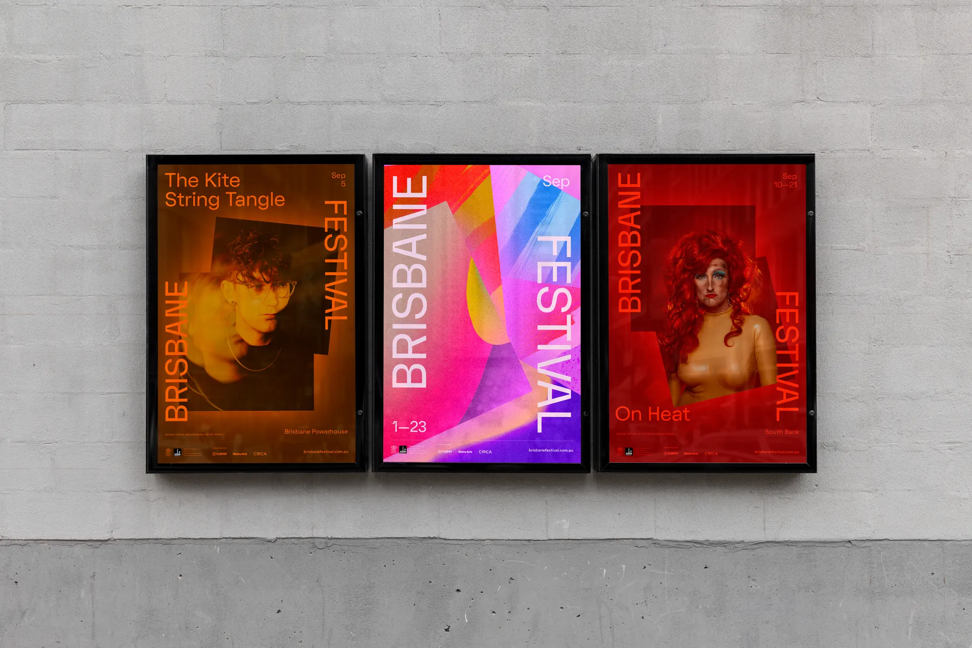 Three poster designs for the Brisbane Festival 2023 brand identity, showing programming and brand executions.