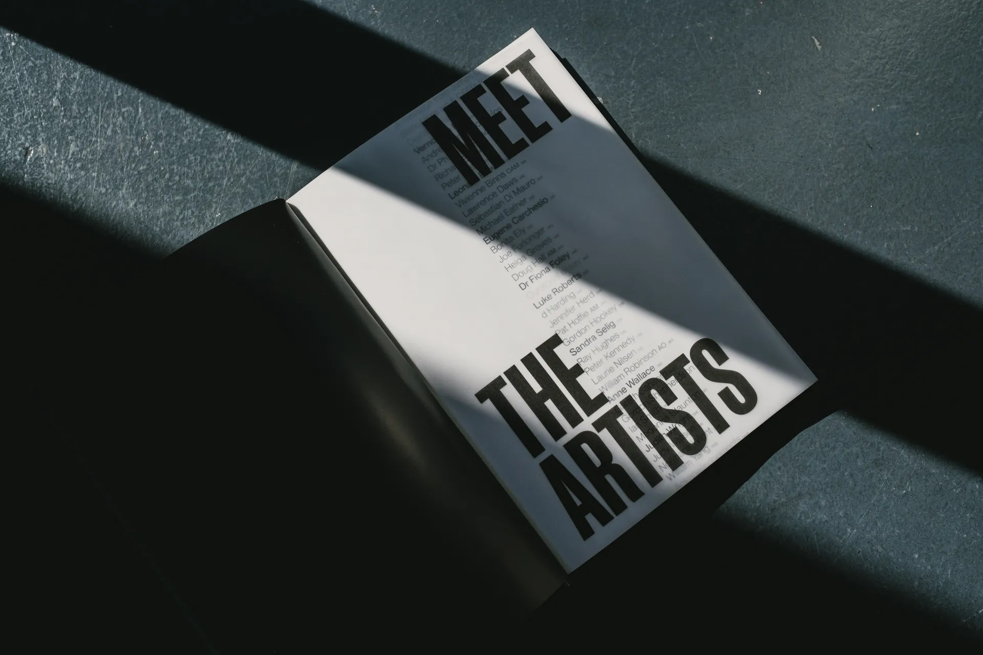 Internal spread designed for the Meet The Artists publication, showcasing semi-transparent paper overlaid on page beneath.