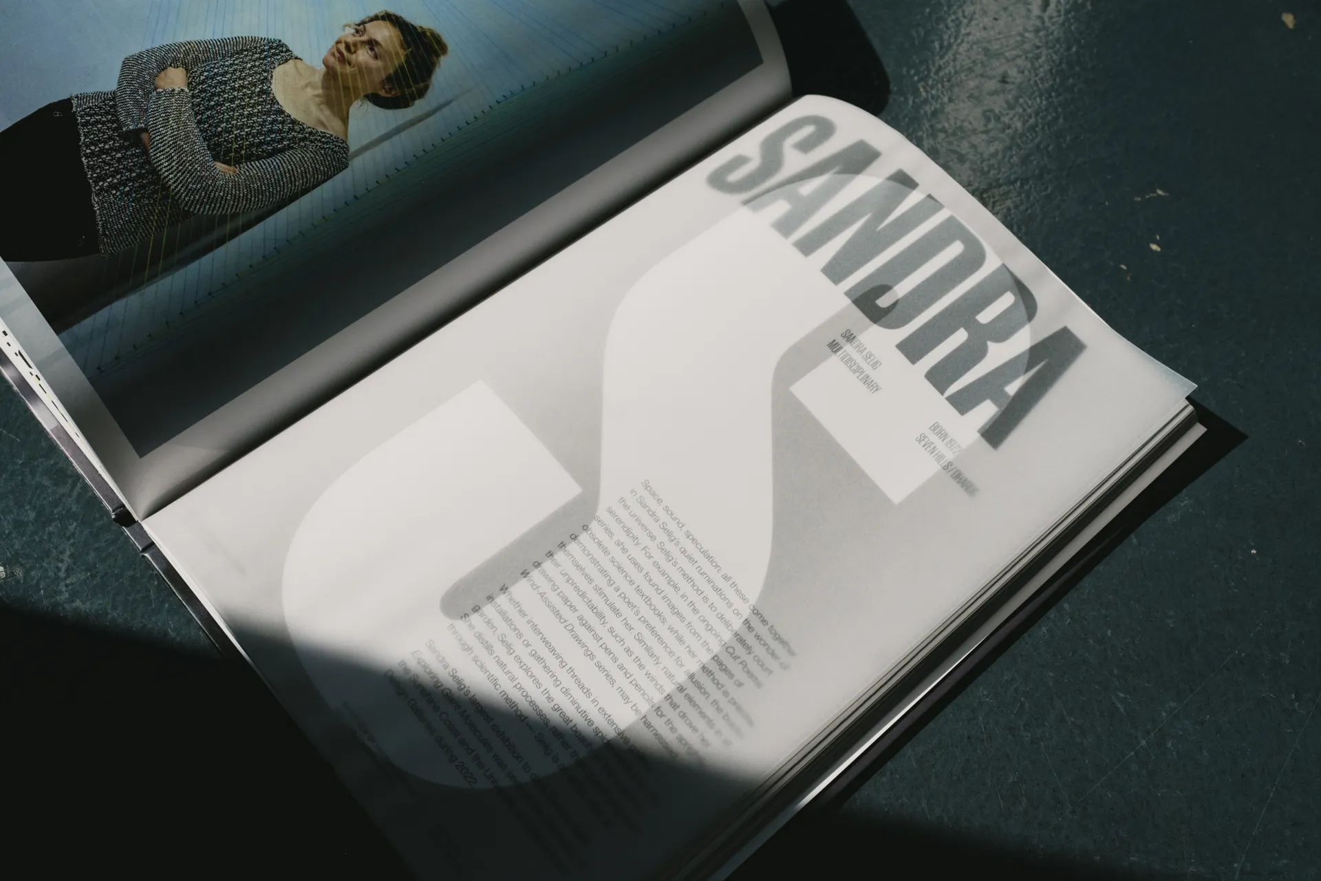 Internal spread designed for the Meet The Artists publication, featuring special printing techniques such as semi-transparent paper revealing the page beneath.